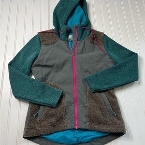 TITLE NINE Beaten Path Hooded Sherpa Fleece Jacket Olive/Teal Women's Small. 484